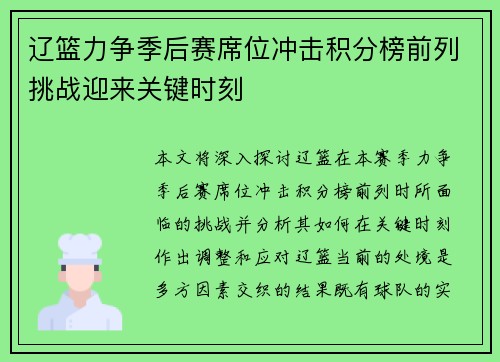 辽篮力争季后赛席位冲击积分榜前列挑战迎来关键时刻